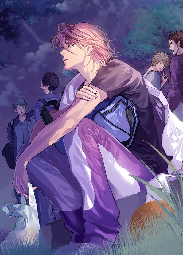 aso lago, himuro tatsuya, murasakibara atsushi, okamura kenichi, kuroko no basuke, character request, commentary request, 5boys, aqua hair, bag, beard stubble, black hair, brown hair, cloud, facial hair, jacket, knees up, looking at another, multiple boys, night, on grass, open clothes, open jacket, plastic bag, purple hair, short hair, sitting, sky, standing, stubble, tree