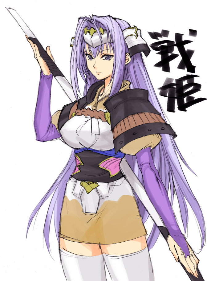 tetsu (kimuchi), senhime, rance (series), sengoku rance, light purple hair, 1girl, character name, elbow gloves, female focus, fingerless gloves, gloves, long hair, polearm, solo, thighhighs, weapon