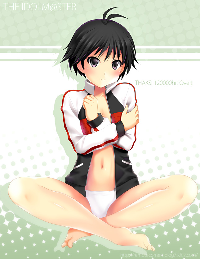 kyoku tou, kikuchi makoto, idolmaster, idolmaster (classic), 1girl, androgynous, antenna hair, barefoot, black hair, blush, brown eyes, crossed legs, feet, female focus, halftone, halftone background, indian style, jacket, midriff, milestone celebration, navel, no bra, no pants, open clothes, open shirt, panties, raglan sleeves, shirt, short hair, sitting, solo, underwear