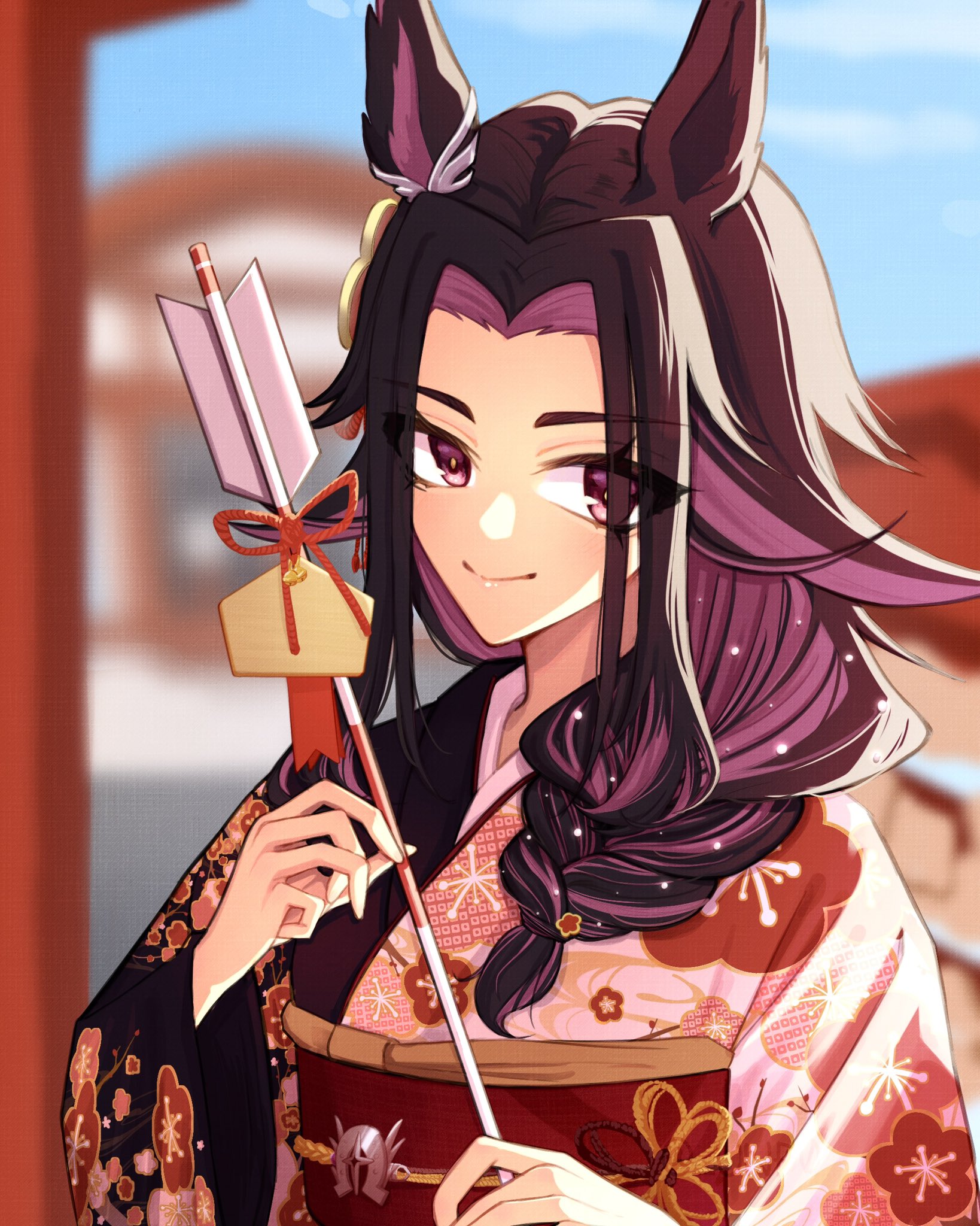 fenomeno (umamusume), umamusume, commentary, highres, symbol-only commentary, 1girl, animal ears, arrow (projectile), black hair, blurry, blurry background, blush, closed mouth, ear ornament, ema, flipped hair, floral background, hamaya, holding, holding arrow, horse ears, horse girl, japanese clothes, kimono, long hair, long sleeves, looking at viewer, multicolored hair, obi, purple eyes, purple hair, sash, smile, solo, und0-
