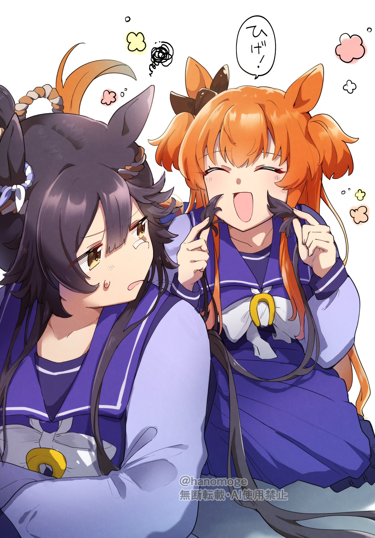 hanomoge, mayano top gun (umamusume), narita brian (umamusume), umamusume, commentary request, highres, 2girls, animal ears, bandaid, bandaid on face, bandaid on nose, black hair, blush, bow, bowtie, breasts, brown ribbon, closed eyes, ear bow, ear ribbon, hair between eyes, holding another's hair, horse ears, horse girl, horse tail, long hair, long sleeves, multiple girls, open mouth, orange hair, parted lips, pleated skirt, purple sailor collar, purple serafuku, purple shirt, purple skirt, ribbon, rope, sailor collar, sailor shirt, school uniform, serafuku, shimenawa, shirt, simple background, skirt, smile, speech bubble, squiggle, sweatdrop, tail, tracen school uniform, two side up, white bow, white bowtie, yellow eyes