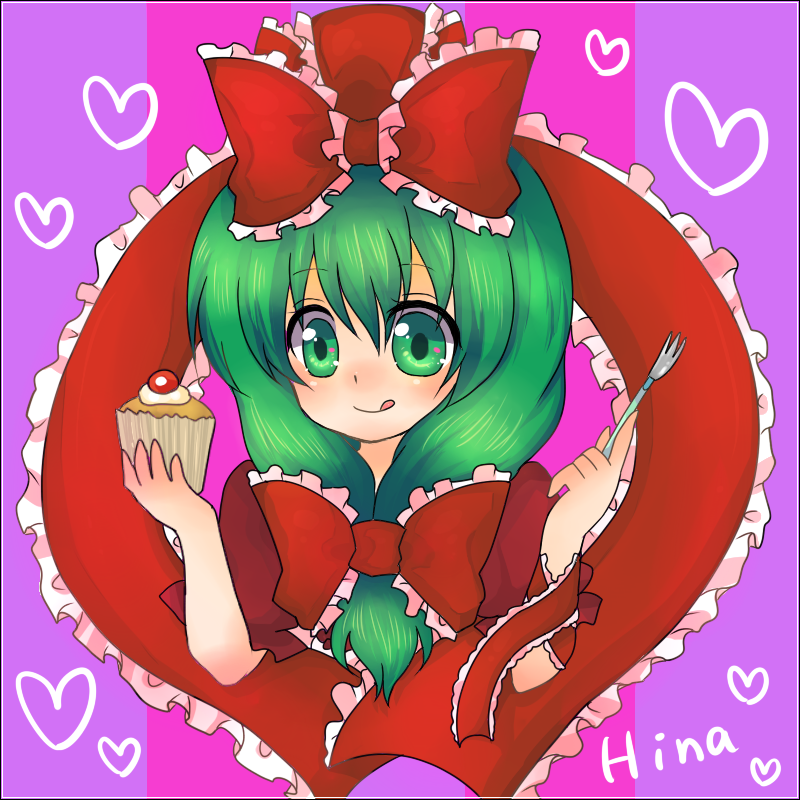 c6mystic, kagiyama hina, touhou, bad id, bad pixiv id, 1girl, cupcake, female focus, food, fork, green eyes, green hair, hair ribbon, heart, ribbon, smile, solo, tongue, upper body