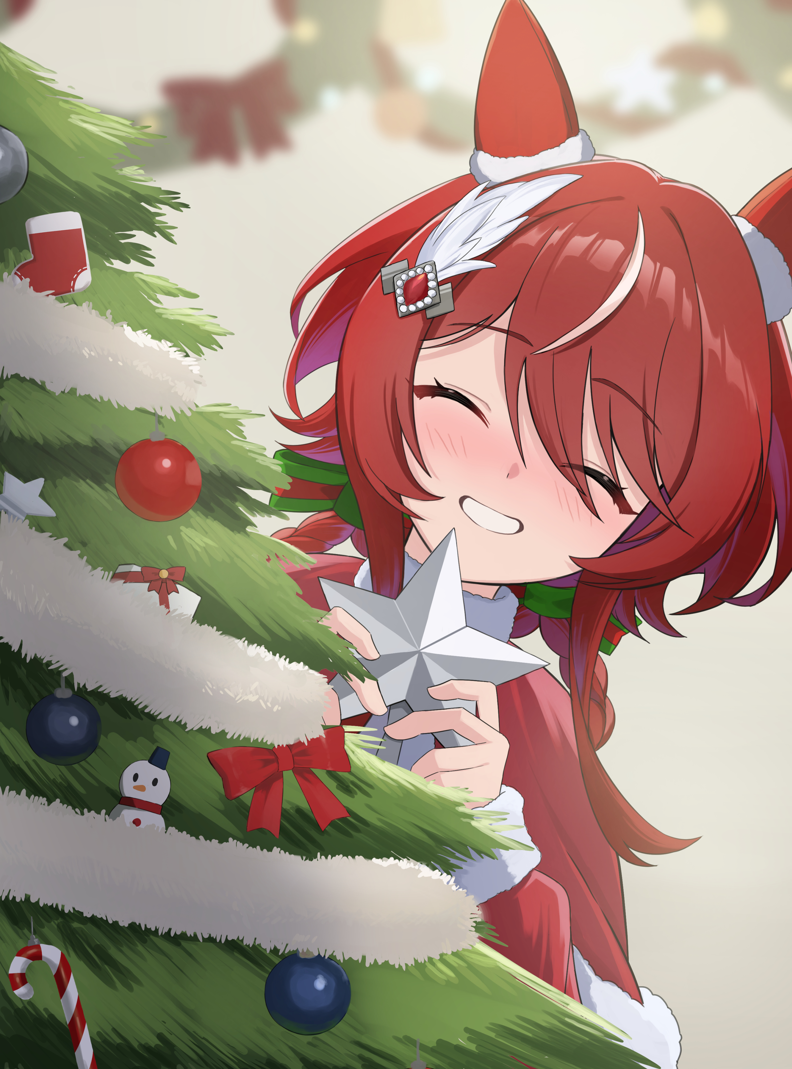 mugi mg317, win variation (umamusume), umamusume, absurdres, commentary request, highres, textless version, 1girl, animal ears, blush, capelet, christmas, christmas ornaments, christmas tree, closed eyes, dress, ear covers, ear ornament, feather hair ornament, feathers, fur-trimmed capelet, fur trim, grin, hair between eyes, hair ornament, holding, horse ears, horse girl, long hair, looking at viewer, open mouth, red capelet, red dress, red hair, santa costume, santa dress, smile, solo, twintails