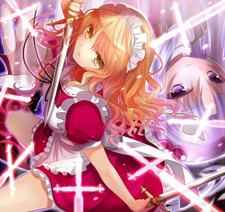 chimochi, dyudyu, shinki (touhou), yumeko (touhou), mystic square, touhou, touhou (pc-98), silver hair, bad id, bad pixiv id, 2girls, blonde hair, female focus, knife, long hair, maid, maid headdress, multiple girls, purple eyes, sword, wavy hair, weapon, yellow eyes