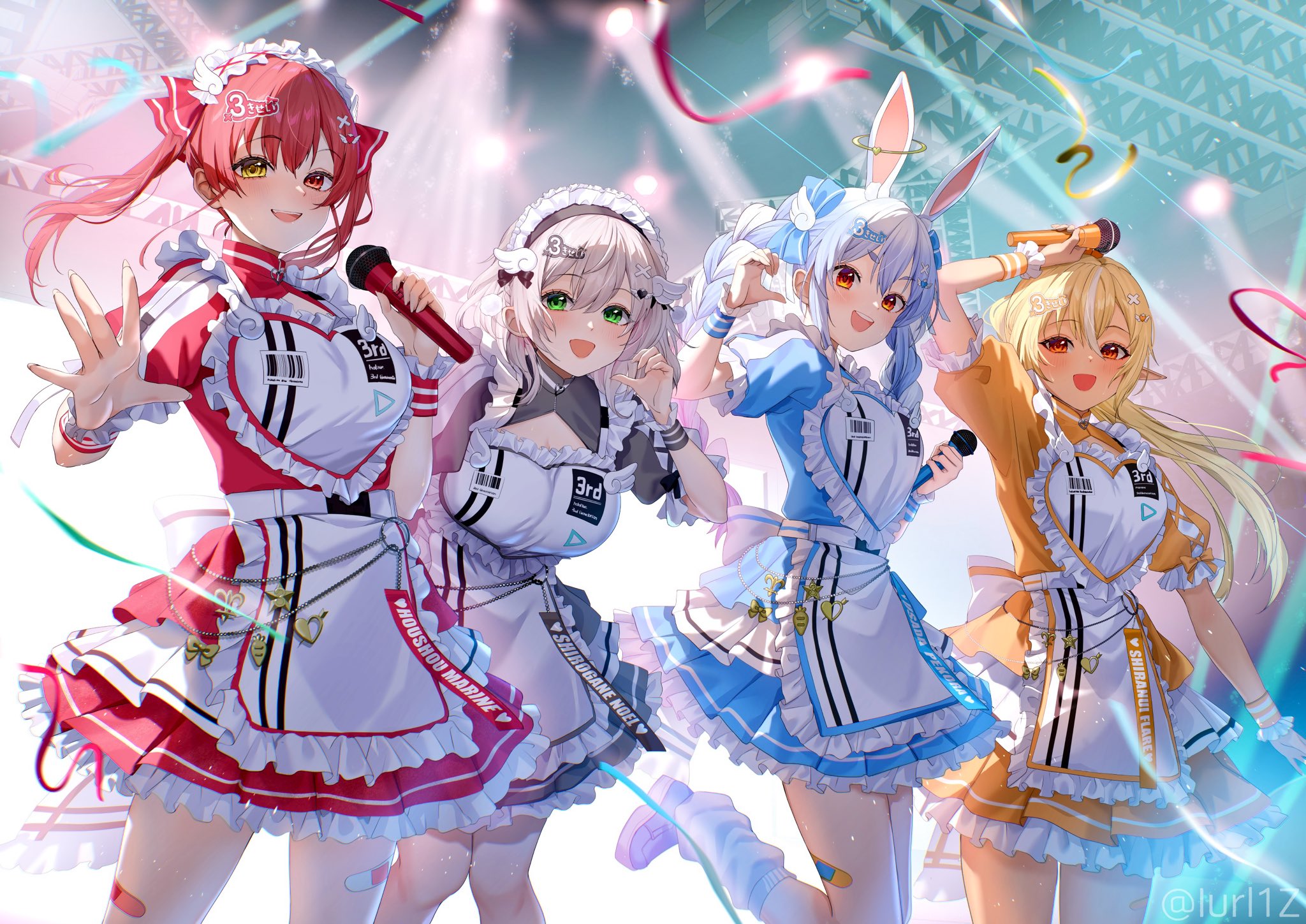 monokawa (iurl1z), houshou marine, shiranui flare, shirogane noel, usada pekora, hololive, commentary request, highres, 4girls, animal ear fluff, animal ears, apron, black dress, blue dress, blue hair, breasts, brown eyes, cowboy shot, dark-skinned female, dark elf, dark skin, dress, elf, green eyes, grey hair, group picture, heterochromia, holding, holding microphone, idol, large breasts, light rays, maid, maid headdress, microphone, multicolored hair, multiple girls, orange dress, pointy ears, rabbit ears, rabbit girl, red eyes, red hair, stage, standing, standing on one leg, twintails, two-tone hair, virtual youtuber, white apron, white hair, yellow eyes