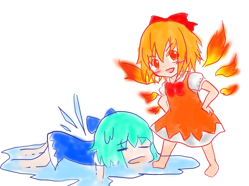haru rikaku, achi cirno, cirno, touhou, 2girls, alternate color, alternate element, fiery wings, fire, melting, multiple girls, wings