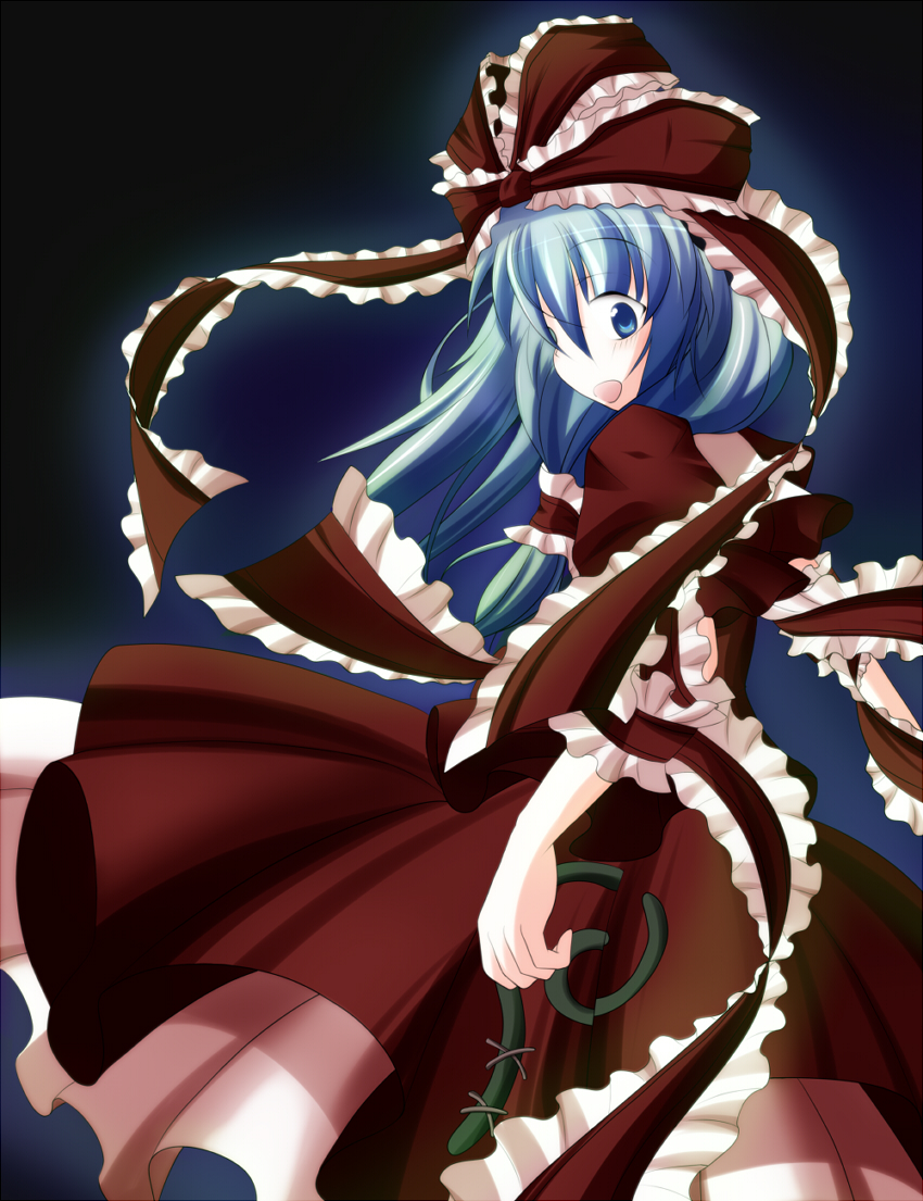 kagiyama hina, touhou, 1girl, bow, dress, female focus, frills, front ponytail, green eyes, green hair, hair bow, hair ribbon, looking back, matching hair/eyes, ribbon, solo