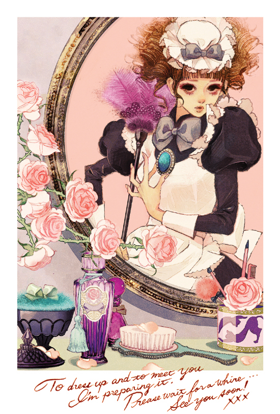 matsuo hiromi, 1girl, bottle, brown hair, cosmetics, dress, drill hair, english text, engrish text, female focus, flower, hair brush, hat, indoors, maid, makeup, mirror, perfume (cosmetics), perfume bottle, ranguage, rose, solo, victorian
