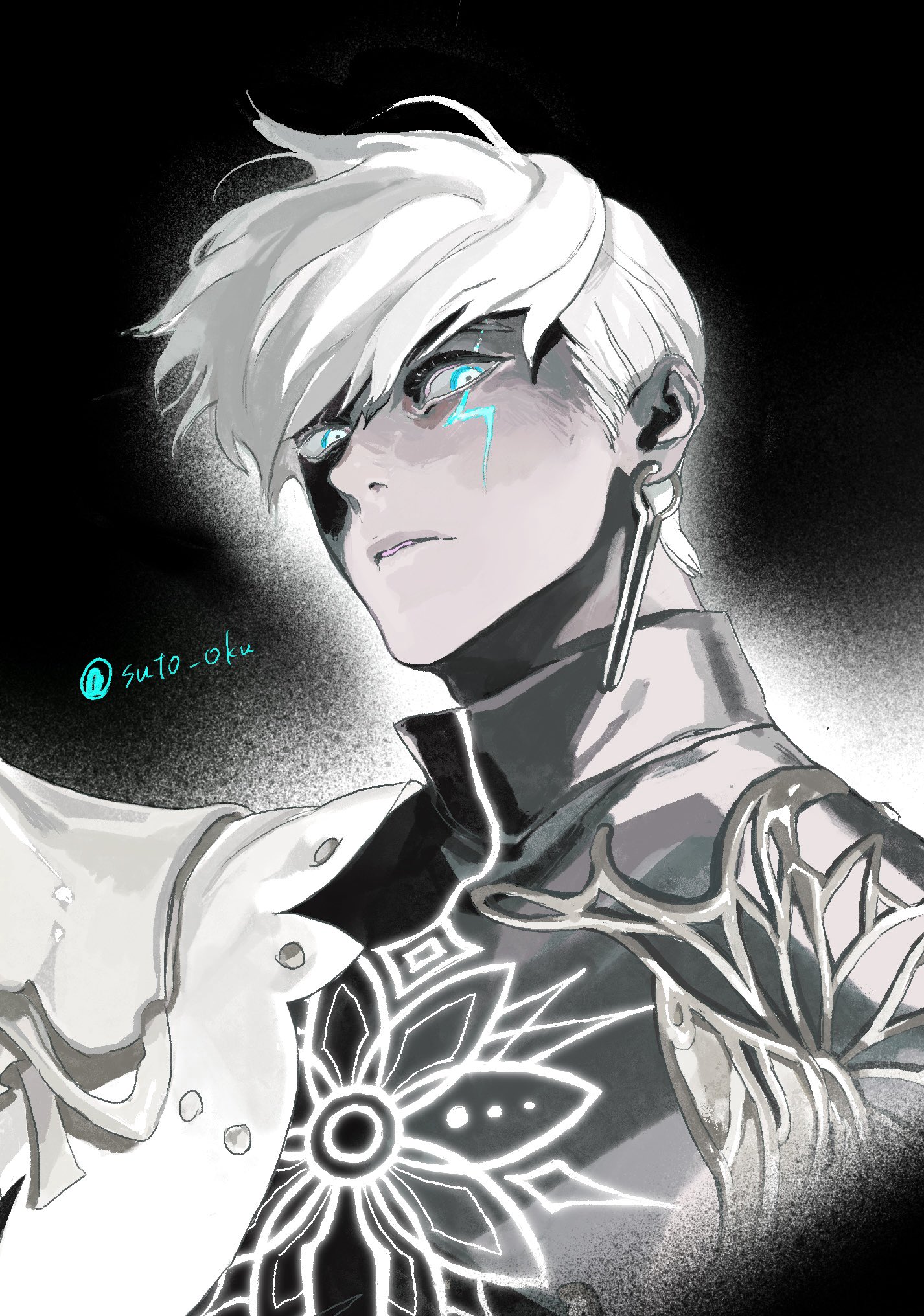 indra (fate), fate/grand order, fate (series), commentary request, highres, 1boy, blue eyes, closed mouth, collared shirt, earrings, facial mark, floating hair, greyscale, jewelry, lightning bolt facial mark, lightning bolt symbol, looking to the side, male focus, monochrome, piercing, portrait, shirt, short hair, sideways glance, solo, spot color, tsutou (suto oku)