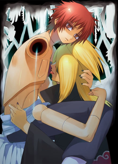 tokidoki chidori, tokidoki tidori, deidara (naruto), sasori (naruto), naruto (series), naruto shippuuden, 2boys, akatsuki (naruto), blonde hair, cloak, doll joints, joints, licking, male focus, multiple boys, puppet, red hair, tongue, yaoi