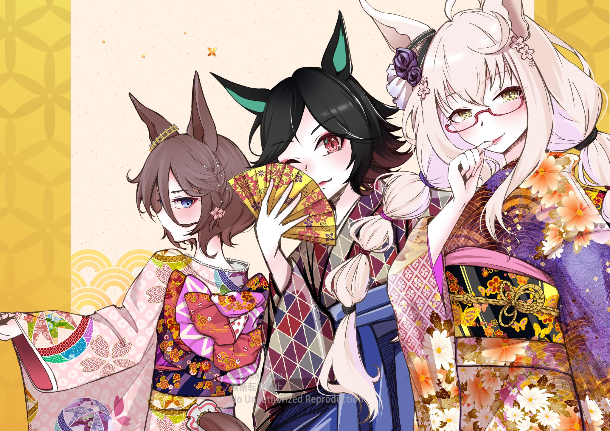 biwa hayahide (umamusume), narita taishin (umamusume), winning ticket (umamusume), umamusume, commentary request, highres, 3girls, ahoge, animal ears, black hair, blue eyes, blush, bnw (umamusume), braid, brown hair, ear ornament, eyeliner, flipped hair, glasses, hair between eyes, hair ornament, half-closed eyes, hand fan, hand up, holding, holding fan, horse ears, horse girl, horse tail, japanese clothes, kimono, lips, long hair, long hair between eyes, long sleeves, looking at viewer, low-tied long hair, makeup, multiple girls, one eye closed, outstretched arm, red-framed eyewear, red eyeliner, red eyes, semi-rimless eyewear, short hair, sidelocks, smile, swept bangs, tail, under-rim eyewear, watermark, white hair, wide sleeves, yellow eyes, youai you
