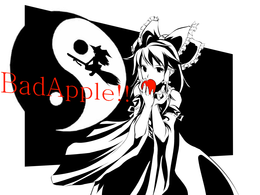 teeburu, hakurei reimu, kirisame marisa, remilia scarlet, touhou, bad id, bad pixiv id, 2girls, apple, bad apple!!, bow, broom, detached sleeves, female focus, food, fruit, hair bow, hat, japanese clothes, miko, monochrome, multiple girls, spot color, yin yang