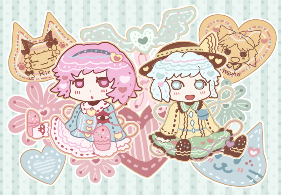 chachi (azuzu), torako (torahituzi), kaenbyou rin, komeiji koishi, komeiji satori, reiuji utsuho, touhou, striped, bad id, bad pixiv id, 4girls, :3, :d, animal ears, blue eyes, blue hair, braid, cat, cat ears, chibi, female focus, hairband, hat, heart, heart-shaped pupils, multiple girls, open mouth, pink eyes, pink hair, smile, symbol-shaped pupils, twin braids