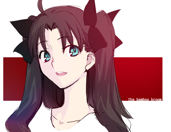takeuchi takashi, tohsaka rin, fate/stay night, fate (series), type-moon, 1girl, blue eyes, female focus, hair ribbon, long hair, open mouth, portrait, ribbon, sketch, smile, solo, twintails, two side up, upper body