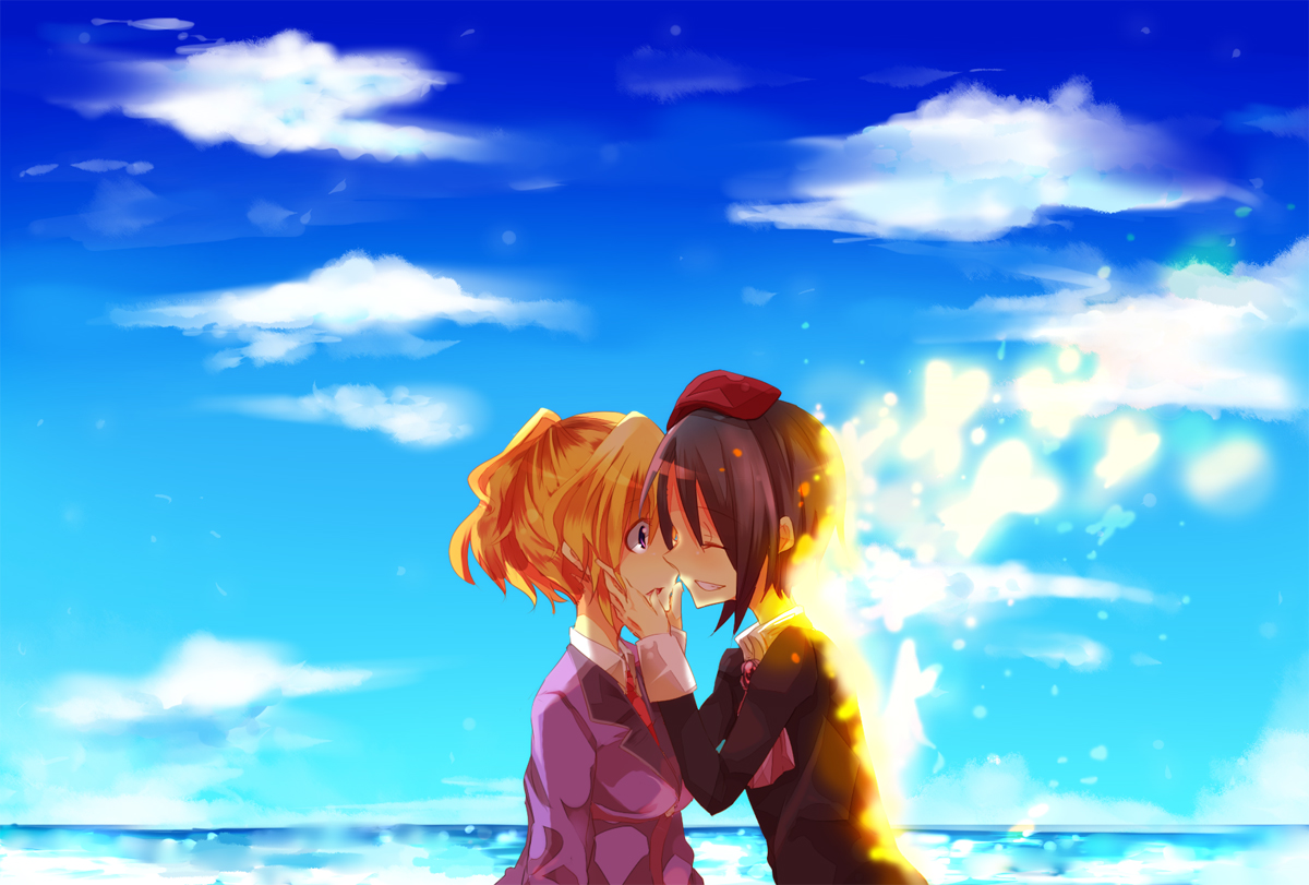 unohanaokara, kanon (umineko), ushiromiya jessica, umineko no naku koro ni, bad id, bad pixiv id, 1boy, 1girl, black hair, blonde hair, bug, butterfly, day, ponytail, sky