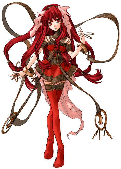 miya daisuke, original, bad id, bad pixiv id, 1girl, boots, bracelet, female focus, full body, jewelry, legs, long hair, red eyes, red hair, red thighhighs, ribbon, simple background, solo, thigh boots, thighhighs, white background