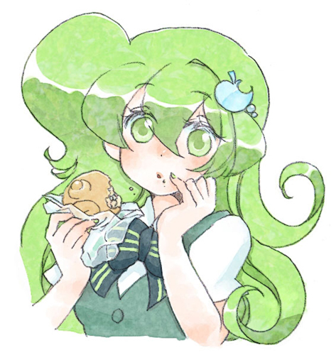 yahoro, macne nana, apple inc., macne series, vocaloid, lowres, 1girl, bread, eating, female focus, food, food-themed hair ornament, green eyes, green hair, green nails, hair ornament, hairclip, hairpin, long hair, macintosh, matching hair/eyes, melon bread, nail polish, school uniform, solo, taiyaki, wagashi