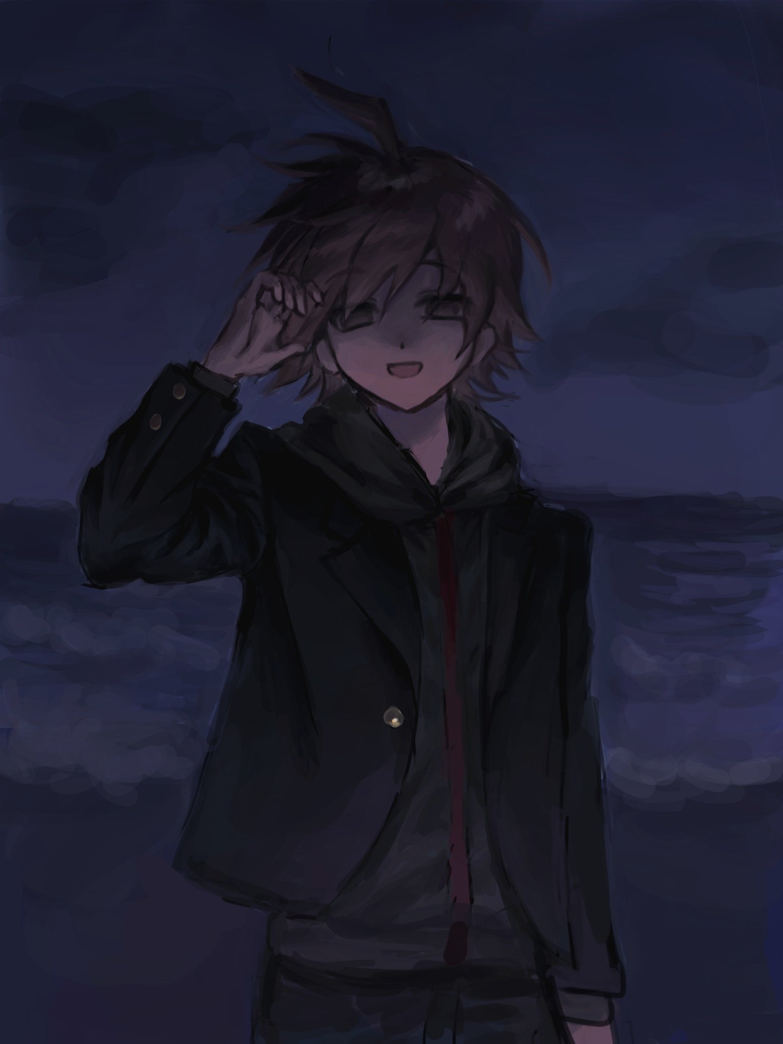 naegi makoto, danganronpa: trigger happy havoc, danganronpa (series), commentary request, highres, 1boy, ahoge, beach, black jacket, brown hair, hood, hood down, jacket, long sleeves, male focus, night, ocean, open clothes, open jacket, open mouth, qiubina198294, shirt, short hair
