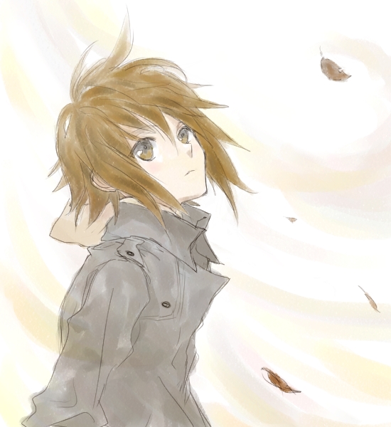 gogono pan'ya, tainaka ritsu, k-on!, 1girl, alternate hairstyle, autumn leaves, brown hair, female focus, hair down, leaf, solo, wind