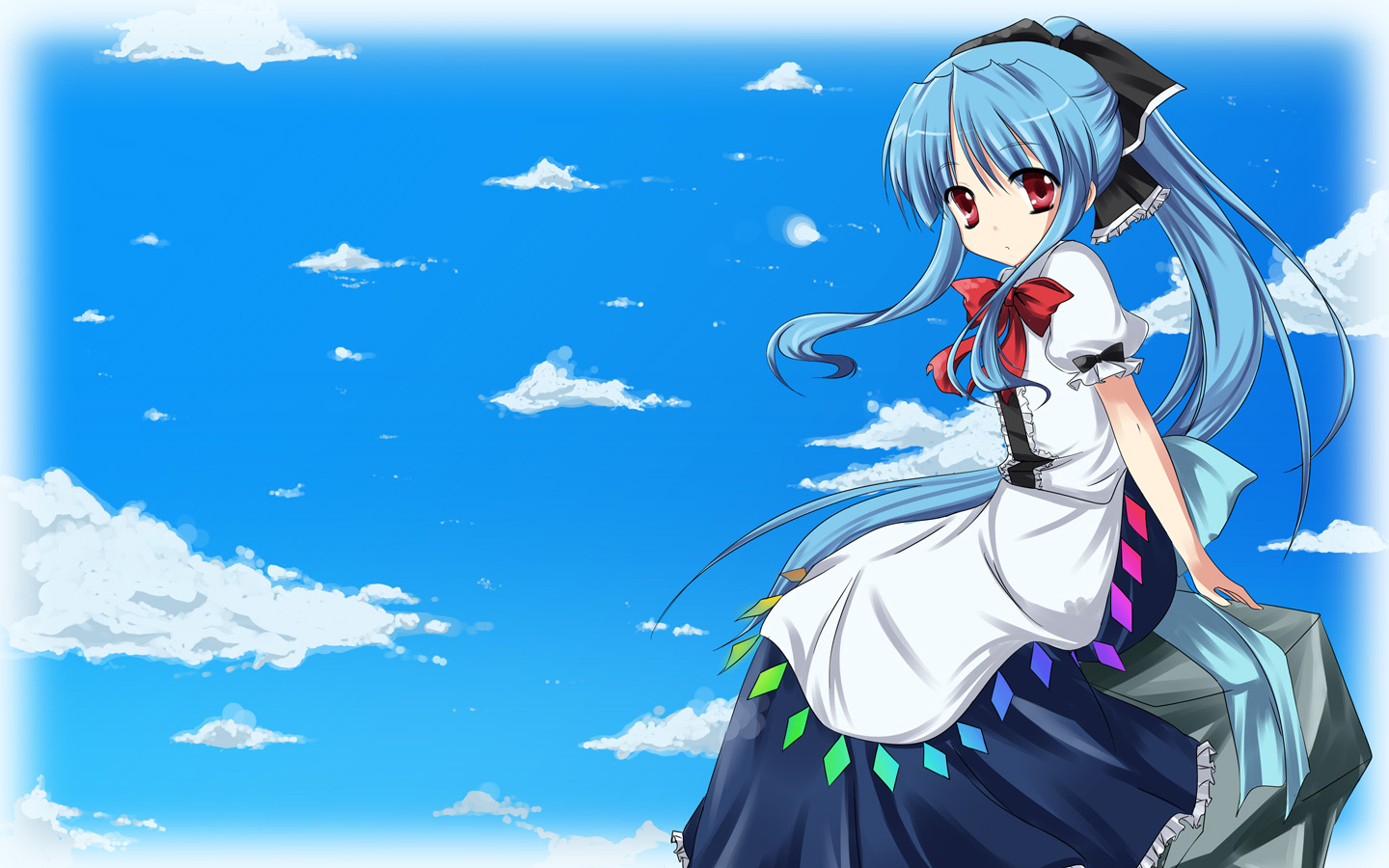 amemiya ruki, luky, hinanawi tenshi, touhou, 1girl, alternate hairstyle, apron, arm support, blue hair, bow, day, female focus, gradient background, hair bow, long skirt, no headwear, on rock, outdoors, ponytail, red eyes, rock, sitting, skirt, sky, solo