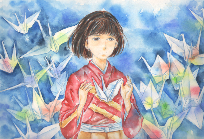commentary request, painting (medium), traditional media, watercolor (medium), brown eyes, brown hair, facing viewer, faux traditional media, hands up, japanese clothes, kimono, origami, paper crane, red kimono, short hair, solo, standing, tori sora