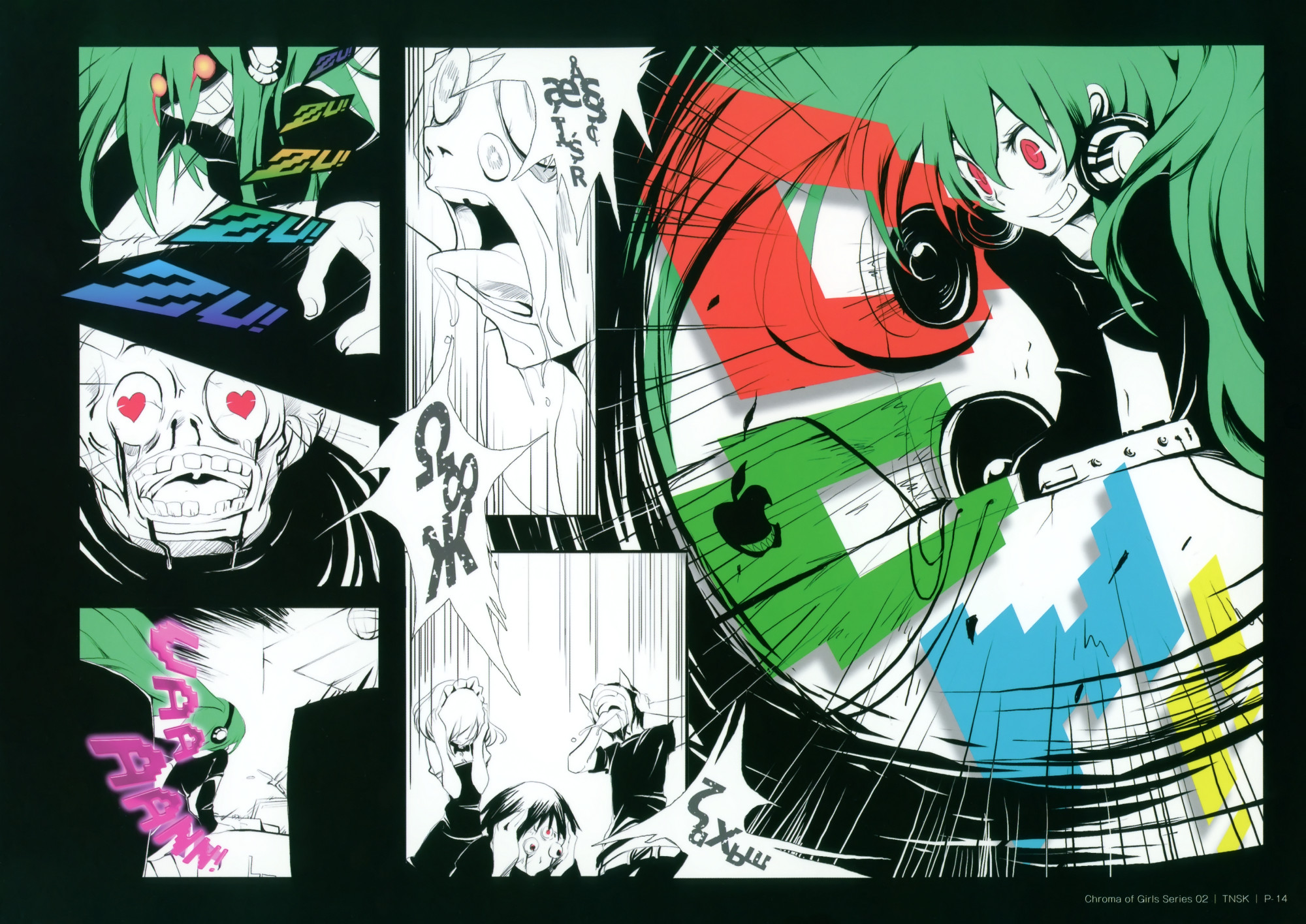 tansuke, hatsune miku, vocaloid, highres, 2boys, 2girls, comic, crazy eyes, dj, glowing, glowing eyes, green hair, headphones, heart, heart-shaped pupils, high contrast, listening to music, multiple boys, multiple girls, red eyes, silent comic, spot color, symbol-shaped pupils