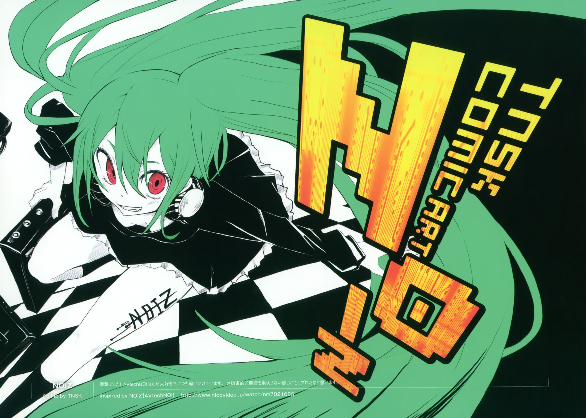 tansuke, hatsune miku, vocaloid, highres, 1girl, fang, female focus, green hair, grin, headphones, headphones around neck, high contrast, long hair, red eyes, smile, solo, spot color, twintails