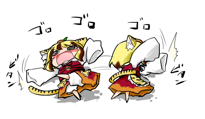 harunatsu akito, toramaru shou, touhou, 1girl, animal ears, chibi, fang, female focus, food, fruit, kemonomimi mode, mandarin orange, tail, tantrum, tears, tiger ears, tiger tail