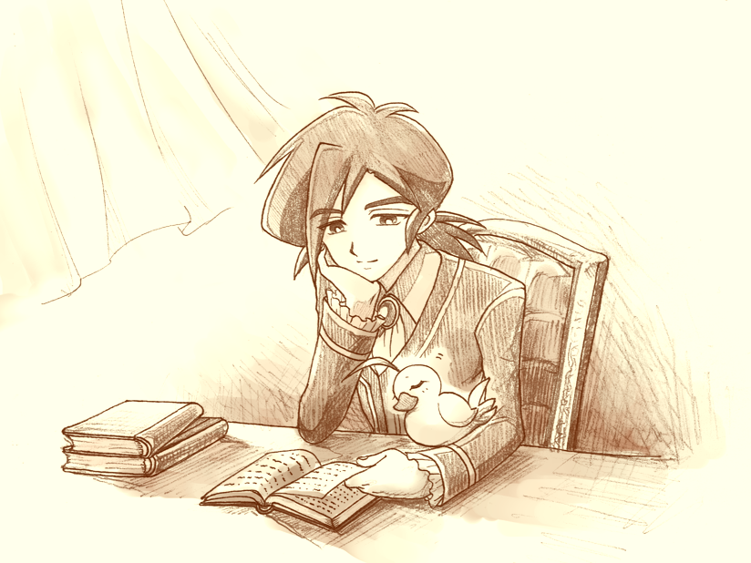 quhi nts, ahiru (duck) (princess tutu), ahiru (princess tutu), fakir (princess tutu), princess tutu, commentary request, 1boy, ahoge, bird, book, chair, duck, gold crown academy school uniform, official style, ponytail, school uniform, sketch, smile