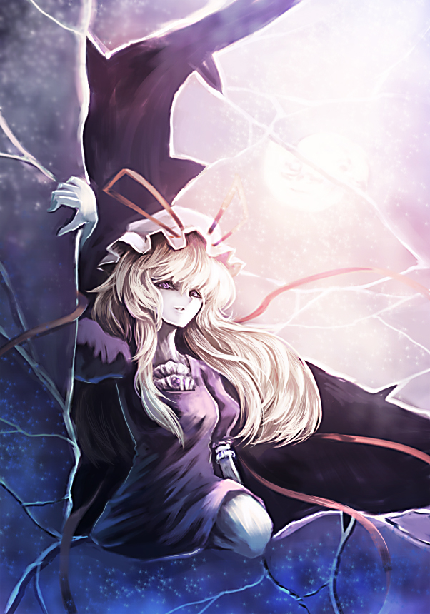 parsley-f, yakumo yukari, touhou, bad id, bad pixiv id, 1girl, blonde hair, dress, female focus, gap (touhou), hat, hat ribbon, long hair, mob cap, ribbon, solo