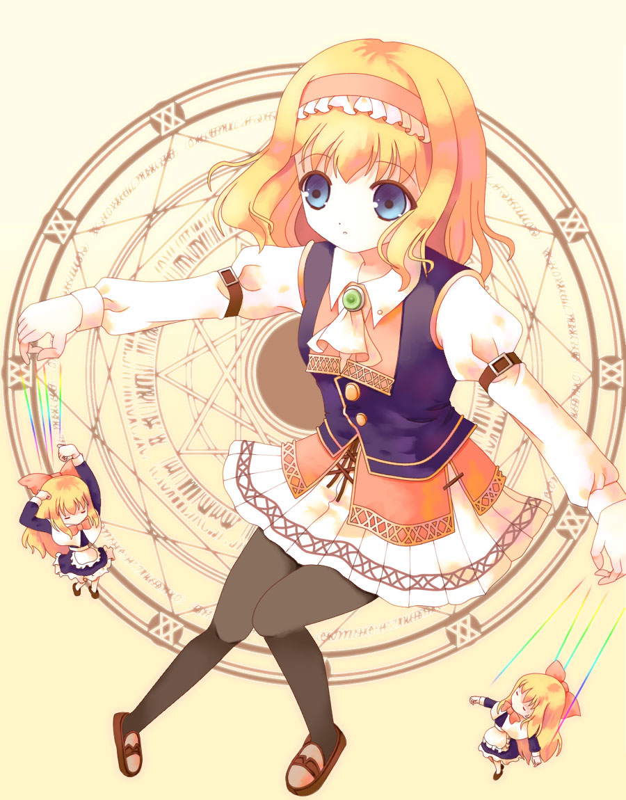 hazakura satsuki, alice margatroid, shanghai doll, touhou, bad id, bad pixiv id, 1girl, blonde hair, blue eyes, doll, female focus, full body, hairband, long hair, pantyhose, ribbon, short hair, solo