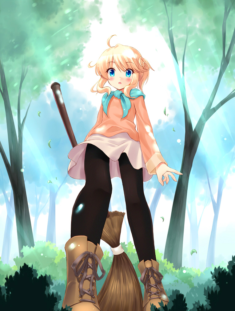 komone ushio, esia mariveninne (komone ushio), original, bad id, bad pixiv id, 1girl, :o, ahoge, black pantyhose, blonde hair, blue eyes, blush, boots, broom, female focus, forest, from below, lace-up boots, light rays, long hair, looking down, nature, pantyhose, skirt, solo, staring, sunbeam, sunlight, sweater, tree, wide-eyed