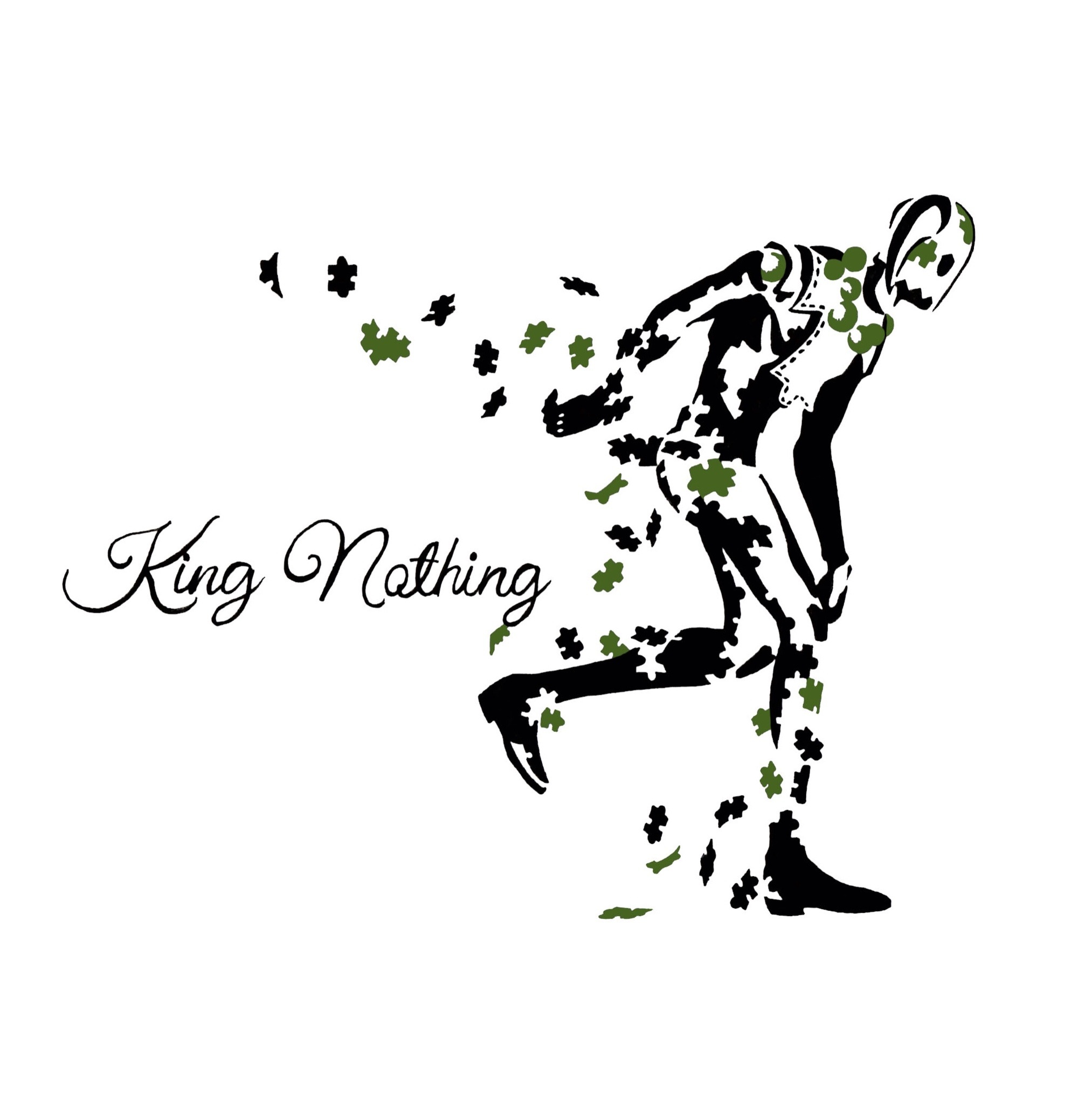 gyro (gyro-zeppeli), king nothing, jojo no kimyou na bouken, jojolion, commentary request, highres, partial commentary, 1boy, black eyes, boots, character name, cursive, english text, from side, full body, horns, no humans, no pupils, puzzle piece, simple background, solo, spot color, stand (jojo), standing, walking, white background