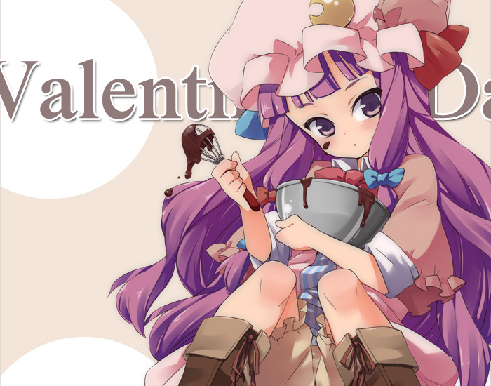 hama chon, patchouli knowledge, touhou, 1girl, boots, chocolate, female focus, long hair, purple hair, sleeves rolled up, solo, valentine, very long hair, whisk