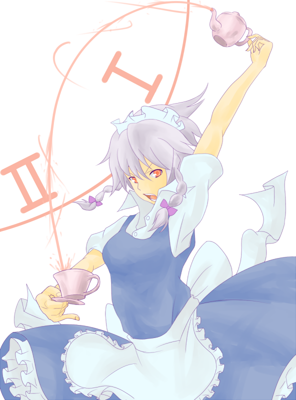 shichi daidai, izayoi sakuya, embodiment of scarlet devil, touhou, 1girl, braid, cup, decantering, female focus, hair ribbon, maid, maid headdress, pouring, red eyes, ribbon, solo, teacup, twin braids, white background, white hair