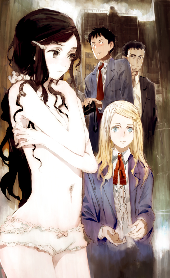 toi8, original, breast hold, 2boys, 2girls, bow, bow panties, breasts, covering breasts, covering privates, multiple boys, multiple girls, panties, topless female, underwear, underwear only, white panties