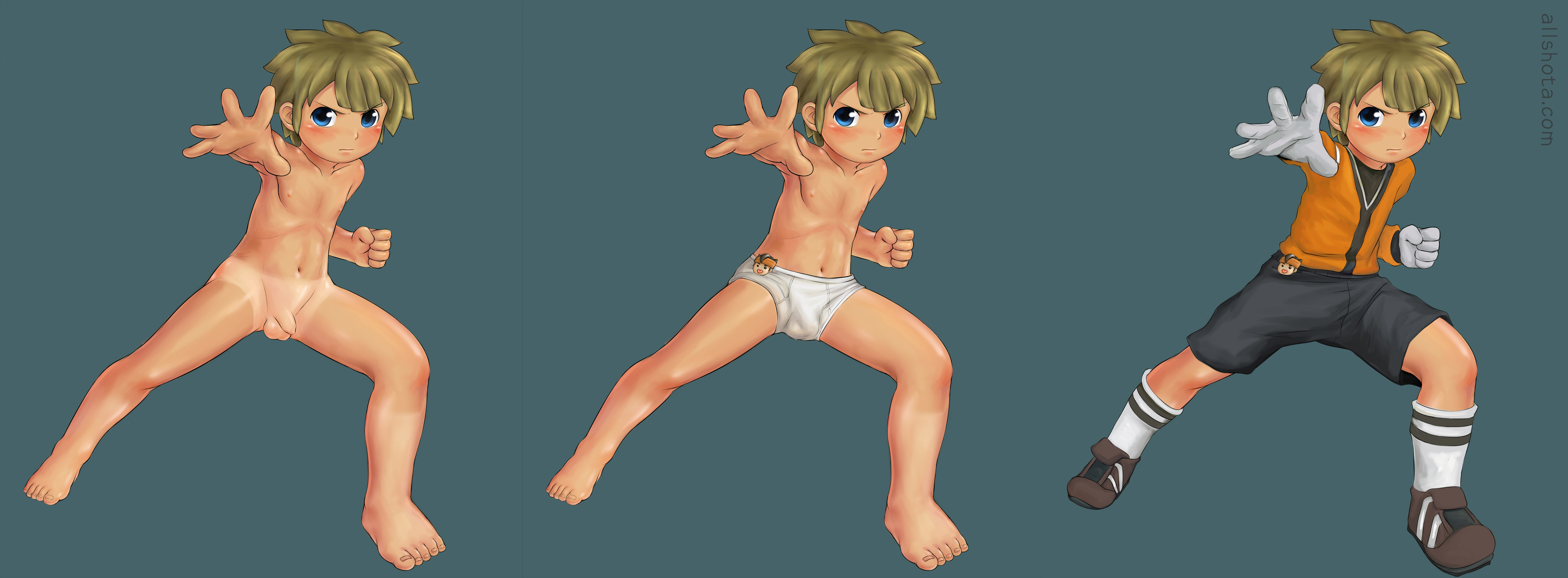 fairwind, tachimukai yuuki, inazuma eleven, inazuma eleven (series), stance, absurdres, highres, long image, wide image, 1boy, blue eyes, briefs, brown hair, clenched hand, full body, gloves, male focus, male underwear, nude, penis, serious, short hair, shorts, shota, simple background, small penis, soccer, solo, tan, tanline, testicles, underwear