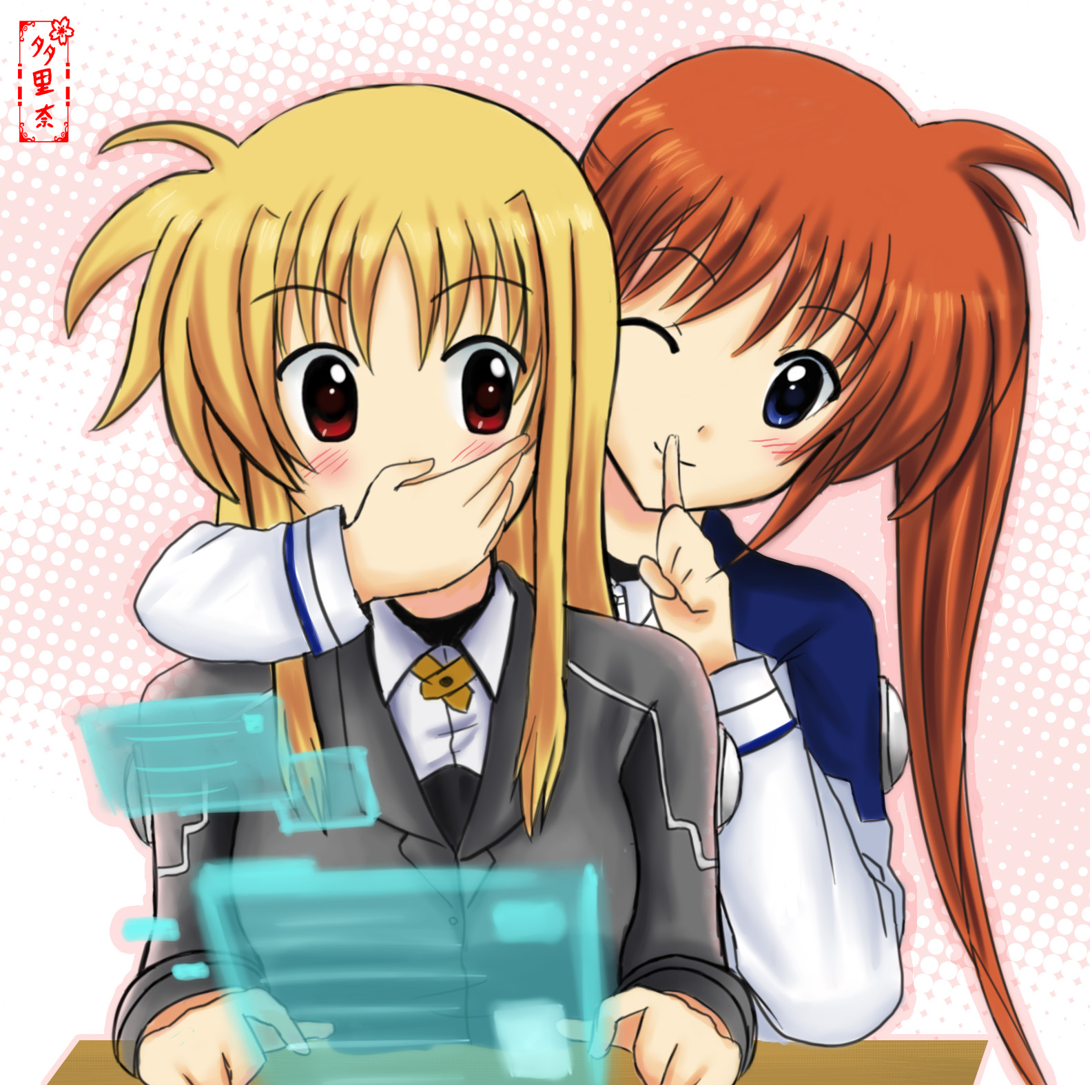 sakuya so, fate testarossa, takamachi nanoha, lyrical nanoha, mahou shoujo lyrical nanoha, bad id, bad pixiv id, highres, 00s, 2girls, blonde hair, blue eyes, blush, covering another's mouth, gagged, hand over another's mouth, hand over mouth, long hair, multiple girls, red eyes, red hair, yuri