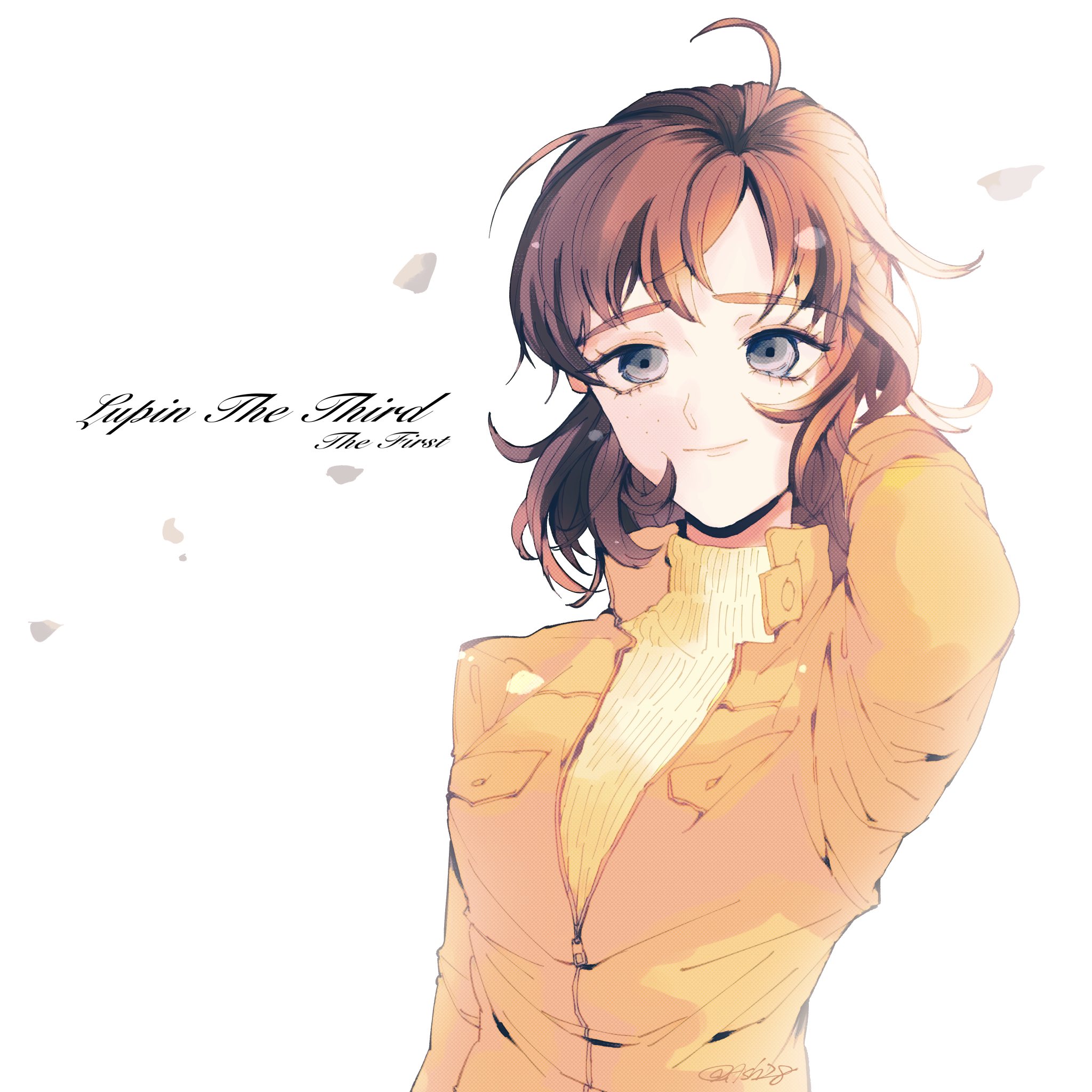 lupin iii, lupin iii: the first, commentary, commentary request, english commentary, highres, mixed-language commentary, 1girl, arm behind head, arm up, artist name, ashi 8, blunt bangs, blush, brown hair, closed mouth, english text, falling petals, freckles, grey eyes, jacket, laetitia bresson, long sleeves, medium hair, pale color, petals, simple background, smile, solo, turtleneck, twitter username, white background, yellow jacket