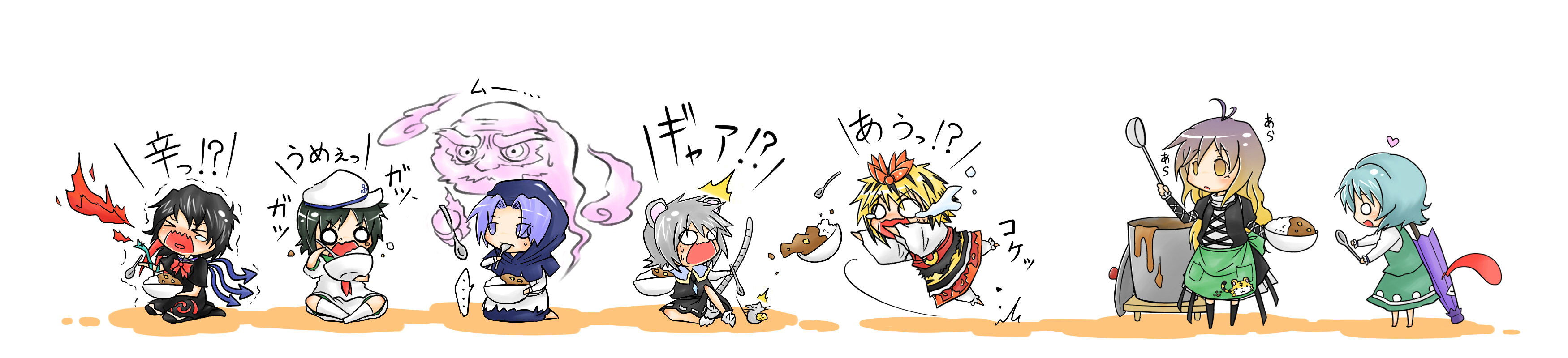 viva!!, hijiri byakuren, houjuu nue, kumoi ichirin, murasa minamitsu, nazrin, tatara kogasa, toramaru shou, unzan, touhou, undefined fantastic object, absurdres, highres, long image, translated, wide image, > <, 6+girls, :d, ^^^, ahoge, animal ears, apron, black hair, blue hair, cheese, chibi, closed eyes, curry, eating, fire, food, gradient hair, hat, heart, karakasa obake, mouse (animal), mouse ears, mouse tail, multicolored hair, multiple girls, o o, open mouth, smile, surprised, tail, tears, tongue, tripping, umbrella