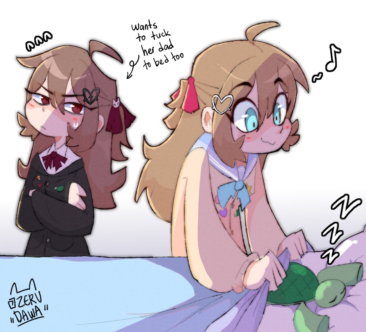 evil neuro-sama, neuro-sama, vedal987, vedal ai, commentary, english commentary, 2girls, ahoge, black cardigan, blue eyes, blue sailor collar, bow, bowtie, broken heart, broken heart hair ornament, brown hair, cardigan, covering with blanket, hair between eyes, hair ornament, hair ribbon, heart, heart hair ornament, long hair, long sleeves, multiple girls, red eyes, red ribbon, ribbon, sailor collar, siblings, sleeping, turtle, two side up, virtual youtuber, yellow cardigan, zerudawaa, zzz