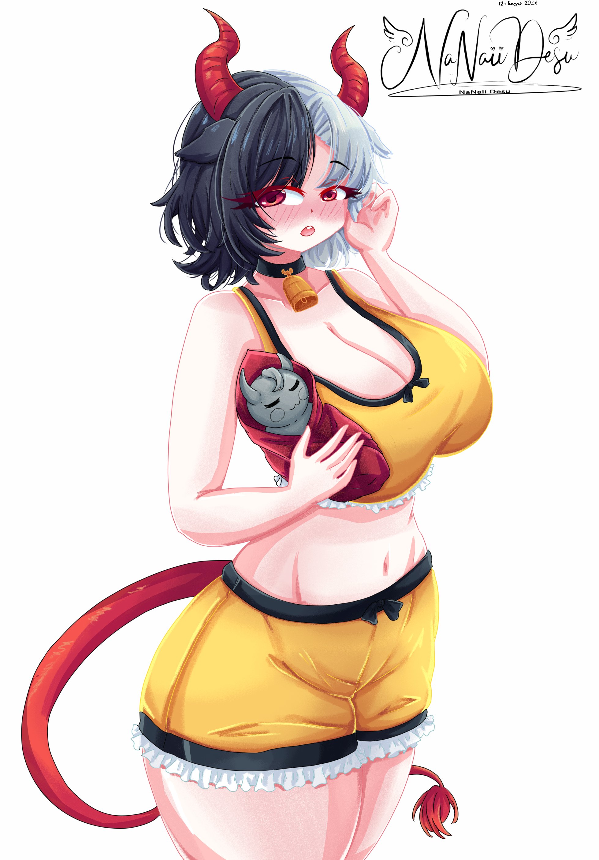 nanaii desu, ushizaki urumi, touhou, wily beast and weakest creature, absurdres, highres, animal ears, cow ears, cow horns, cow tail, horns, multicolored hair, red horns, red tail, shorts, split-color hair, statue, tail, yellow shorts