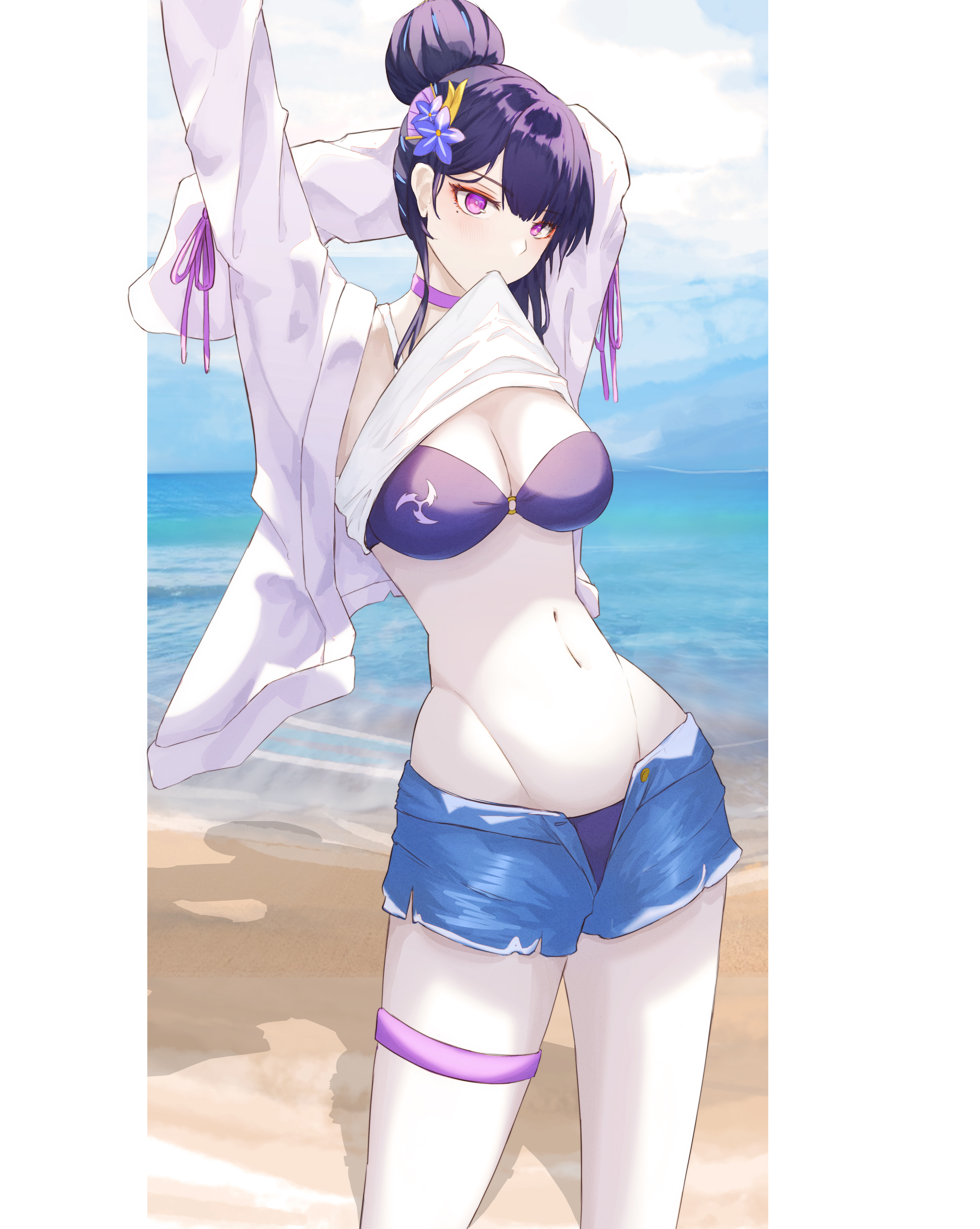 noxia-world, raiden shogun, genshin impact, absurdres, commentary request, highres, 1girl, alternate costume, arms up, beach, bikini, biting, biting clothes, blue sky, blunt bangs, blush, breasts, choker, cleavage, cloud, cloudy sky, fan hair ornament, hair bun, hair up, head tilt, jacket, jewelry, lifting own clothes, long sleeves, looking at viewer, medium breasts, mole, mole under eye, navel, ocean, open clothes, open fly, open jacket, purple eyes, purple hair, sand, shorts, sky, solo, standing, stomach, swimsuit, thighlet, toned, toned female, upper body, water, wide sleeves