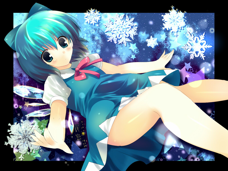 kinoko (hkn), cirno, touhou, touhou hisoutensoku, 1girl, blouse, blue eyes, blue hair, blush, closed mouth, dot mouth, female focus, hair between eyes, ice, matching hair/eyes, shirt, short hair, solo, white shirt