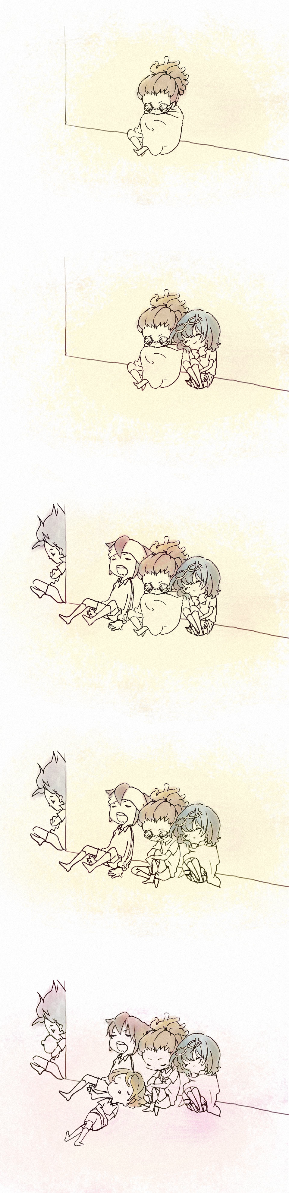 endou mamoru, gouenji shuuya, ichinose kazuya, kidou yuuto, otonashi haruna, inazuma eleven, inazuma eleven (series), absurdres, highres, long image, tall image, comic, sleeping