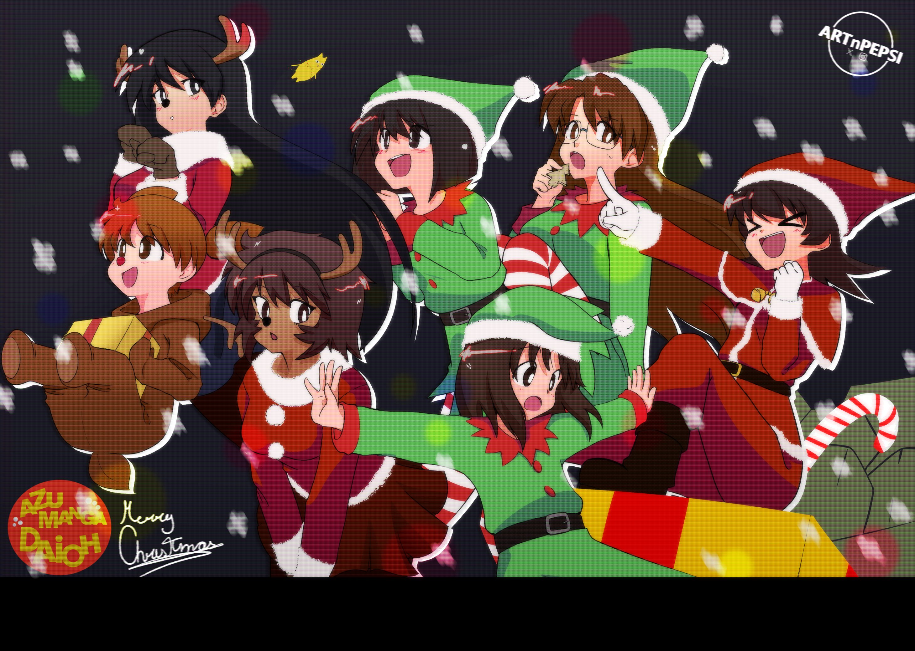 kagura (azumanga daioh), kaori (azumanga daioh), kasuga ayumu, mihama chiyo, mizuhara koyomi, sakaki (azumanga daioh), takino tomo, azumanga daiou, commentary, english commentary, highres, > <, 6+girls, :d, artist name, artnpepsi, black hair, breasts, brown hair, brown mittens, christmas, copyright name, deer costume, fake antlers, gift, gloves, holding, holding gift, long hair, merry christmas, mittens, multiple girls, open mouth, santa costume, short hair, smile, snowing, tan, white gloves
