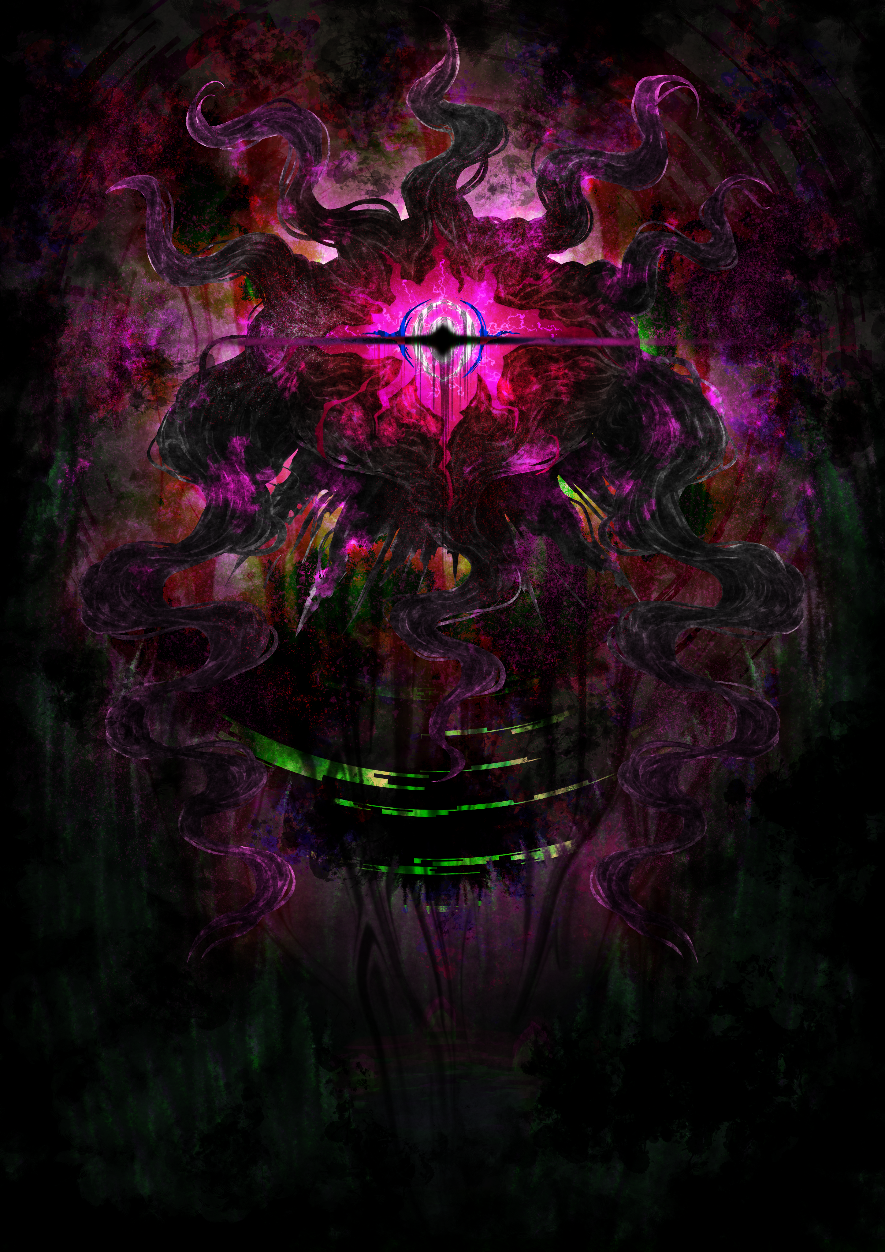 darkrai, mega darkrai, nintendo, pokemon, absurdres, commentary request, highres, spoilers, clathita, full body, gen 4 pokemon, legendary pokemon, mega pokemon, mythical pokemon, no humans, one-eyed, pokemon (creature), pokemon focus, solo