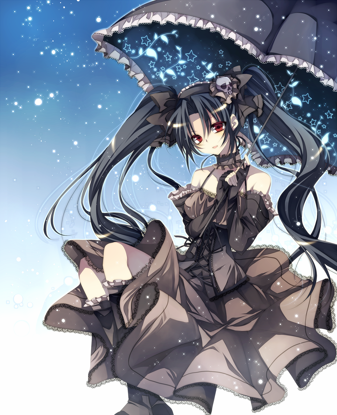 tsukioka tsukiho, original, bad id, bad pixiv id, highres, 1girl, bare shoulders, black dress, black hair, boots, choker, corset, dress, female focus, fingerless gloves, frills, gloves, gothic lolita, hairband, lace, lolita fashion, lolita hairband, long hair, parasol, red eyes, skull, solo, star (symbol), twintails, umbrella