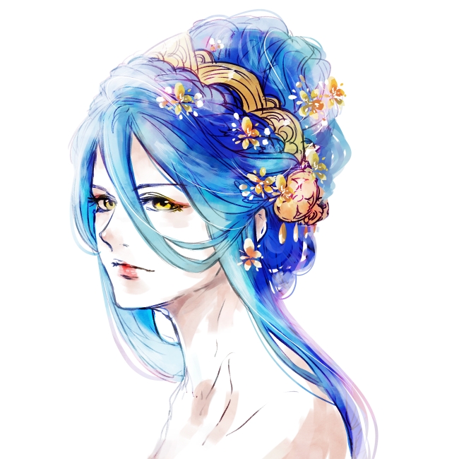 hotate rayan, azura (fire emblem), fire emblem, fire emblem fates, nintendo, 1girl, alternate hairstyle, blue hair, closed mouth, hair between eyes, looking at viewer, portrait, solo, yellow eyes