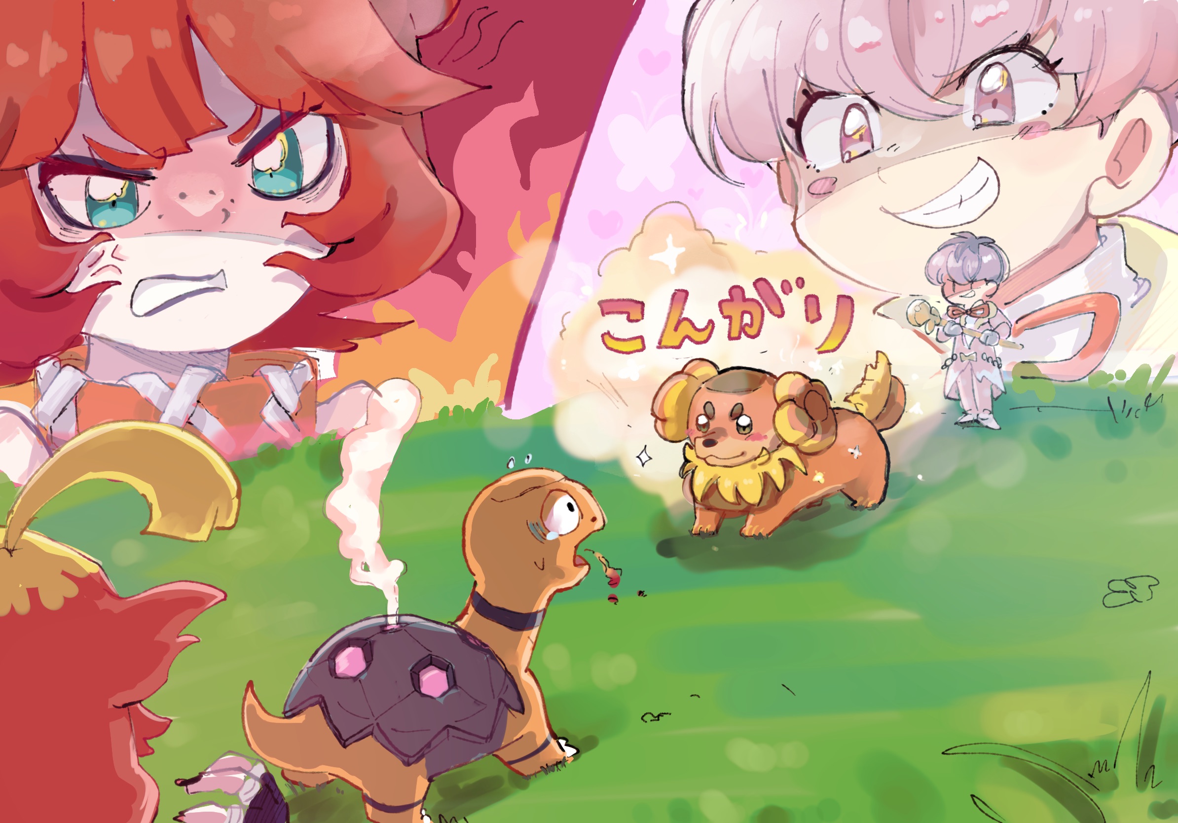 dachsbun, mela (pokemon), ortega (pokemon), torkoal, nintendo, pokemon, pokemon sv, commentary request, highres, translation request, 1boy, 1girl, anger vein, angry, black nails, blonde hair, blush, blush stickers, cane, clenched teeth, dog, eyelashes, fingernails, freckles, gen 3 pokemon, gloves, grass, green eyes, grin, hair between eyes, holding, holding cane, jacket, lipstick, makeup, multicolored hair, nail polish, neck ribbon, outdoors, pants, pink eyes, pink hair, pink jacket, pink pants, piyoina55, pokemon (creature), pokemon ability, pokemon battle, purple gloves, purple hair, red hair, red ribbon, ribbon, shoes, smile, smoke, smug, team star, teeth, two-tone hair, well-baked body (pokemon), white shoes